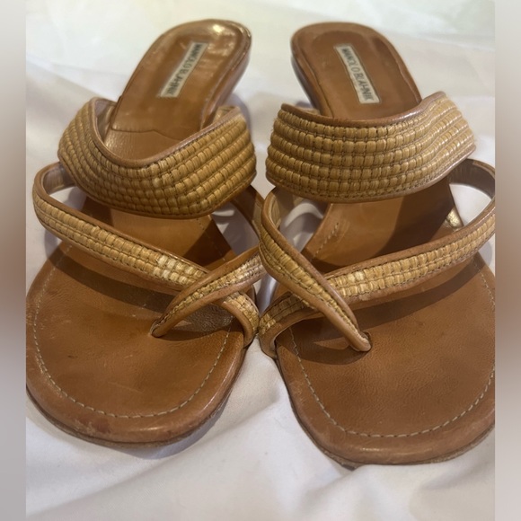 🚫SOLD🚫Manolo Blahniks Raffia Tan Slip On Wedge Vintage Leather Strappy Sandal41 - Picture 6 of 12